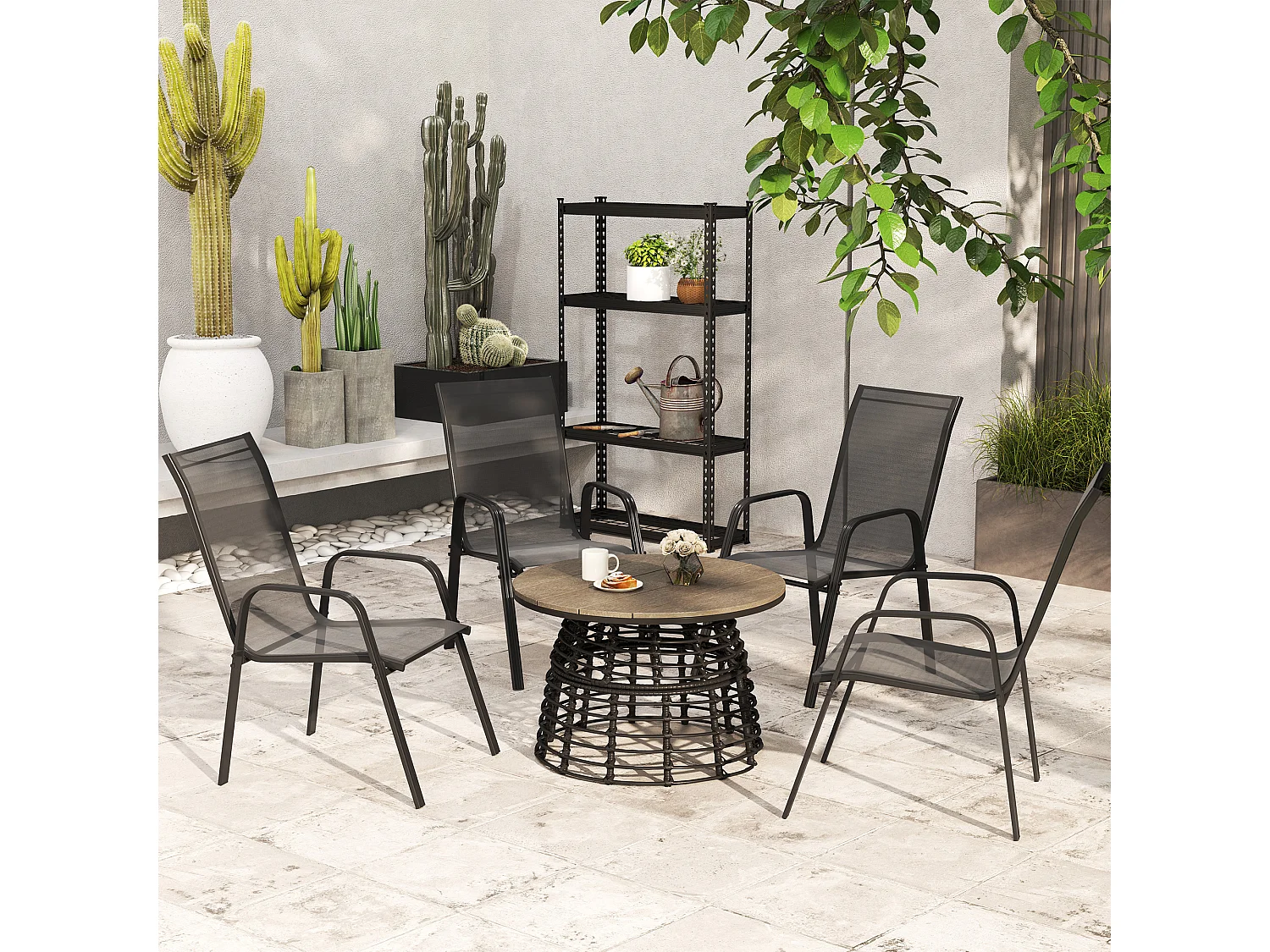 Set 4 sedie da giardino impilabili con braccioli in metallo nero