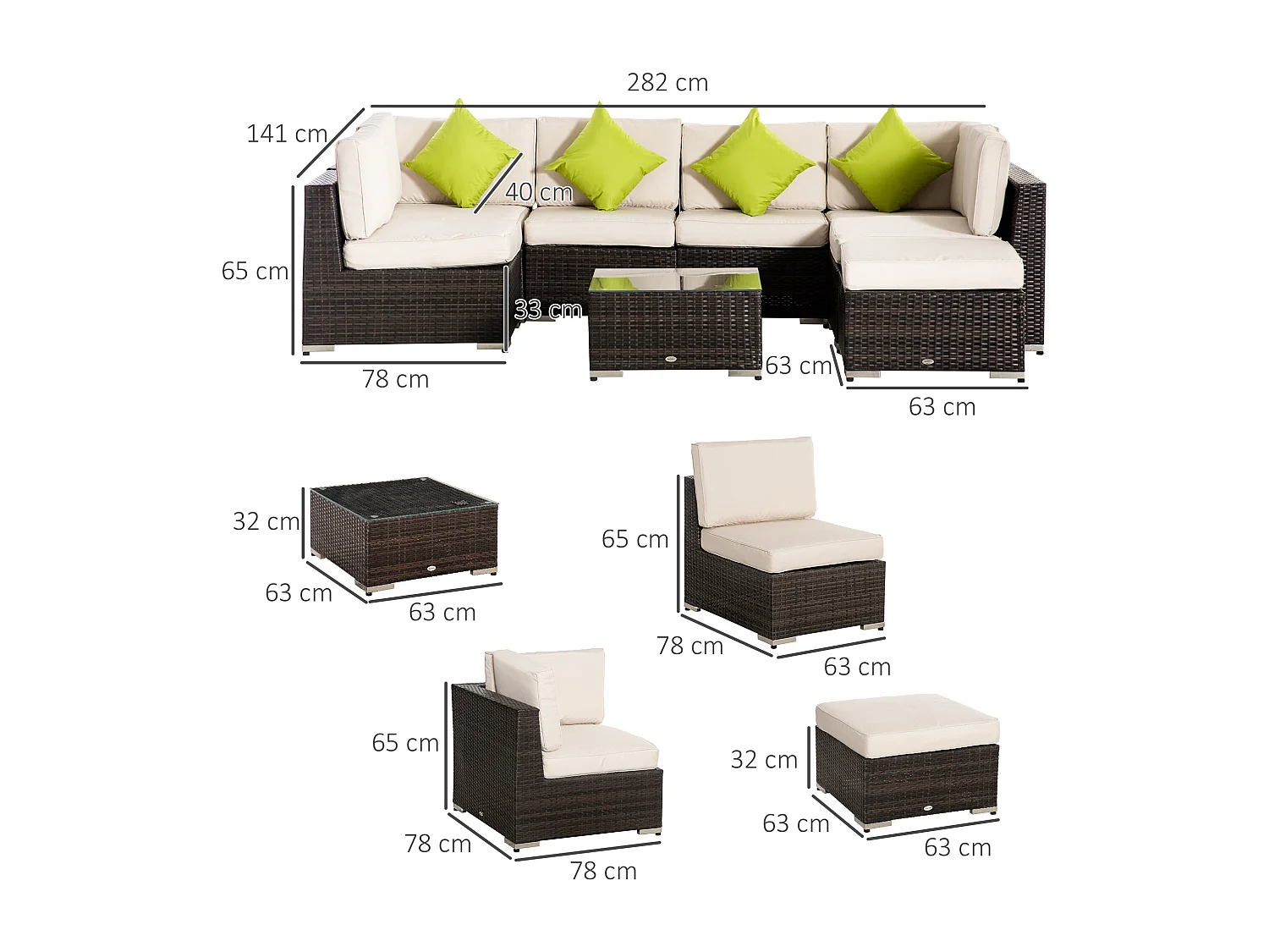 Salotto da giardino 8 pz componibili in rattan e alluminio