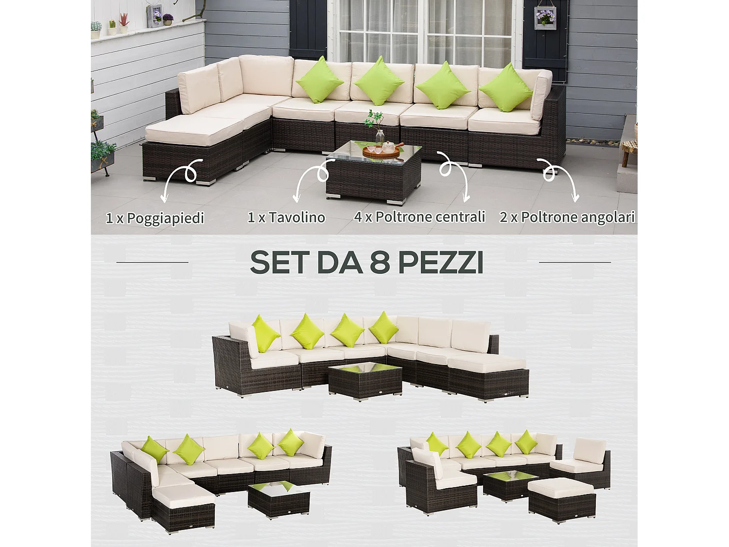 Salotto da giardino 8 pz componibili in rattan e alluminio