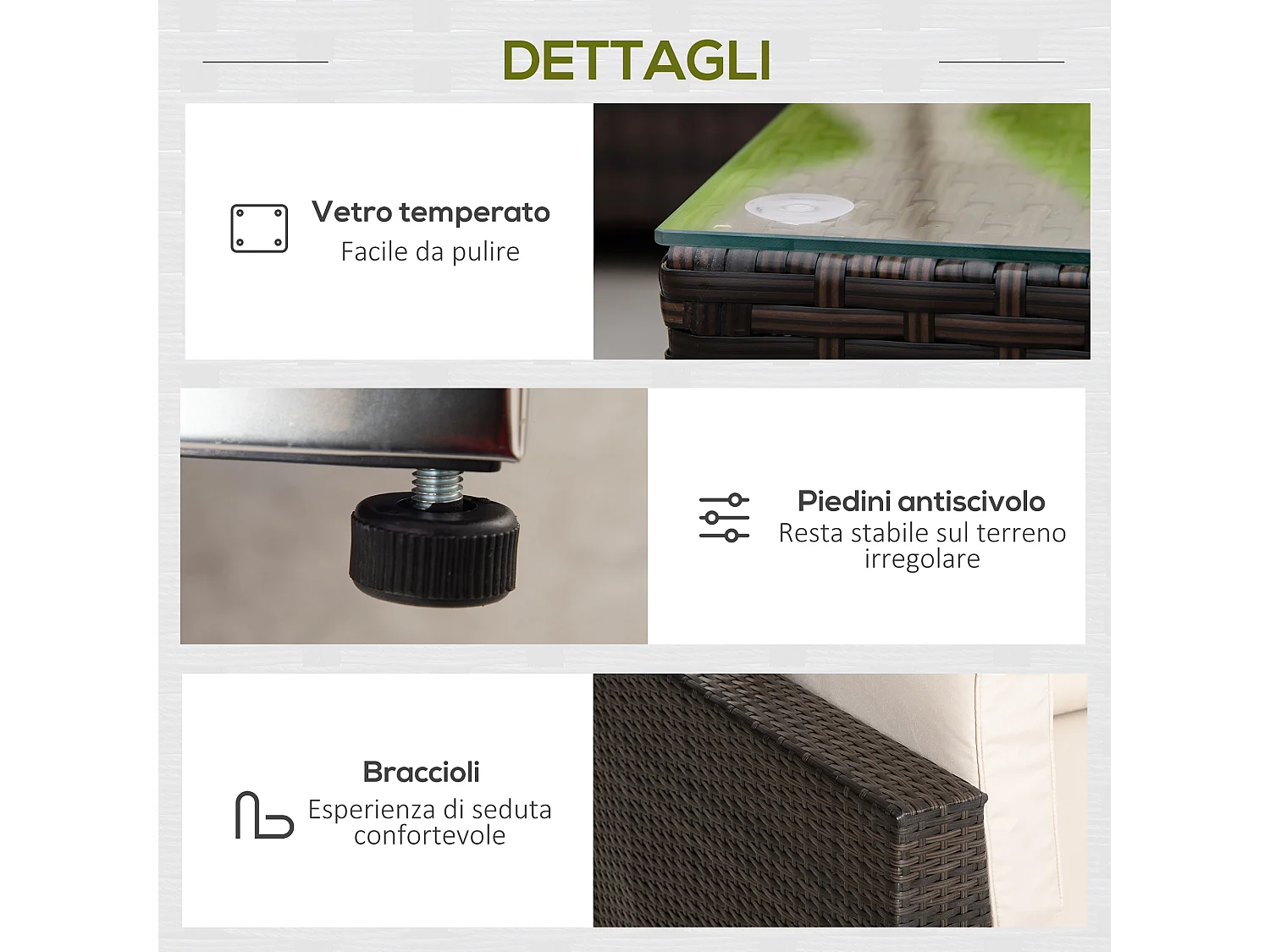 Salotto da giardino 8 pz componibili in rattan e alluminio