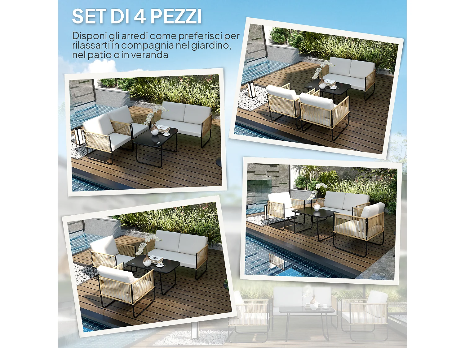 Set da giardino 4 pz con divanetto, 2 poltrone e tavolino basso