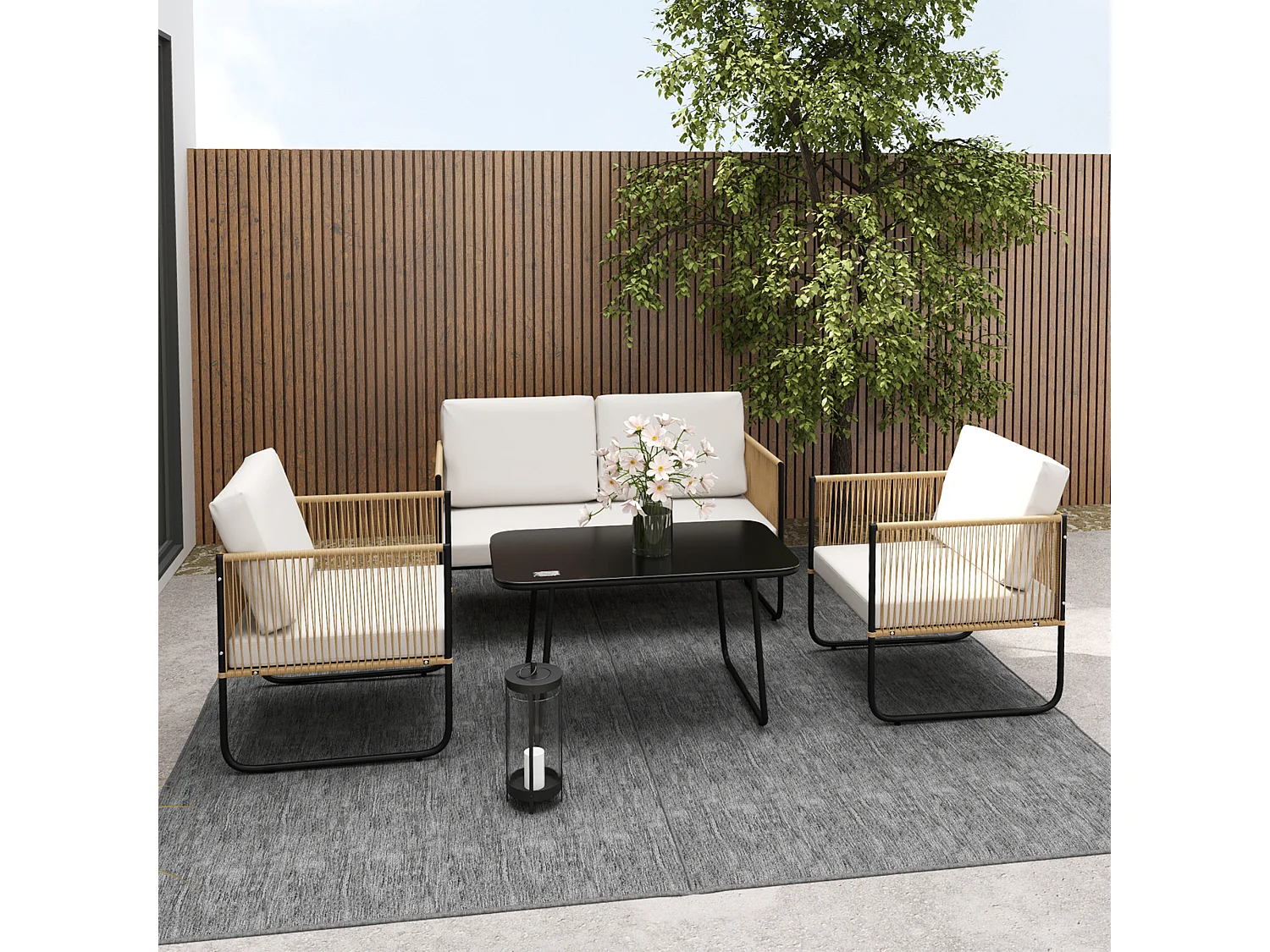 Set da giardino 4 pz con divanetto, 2 poltrone e tavolino basso