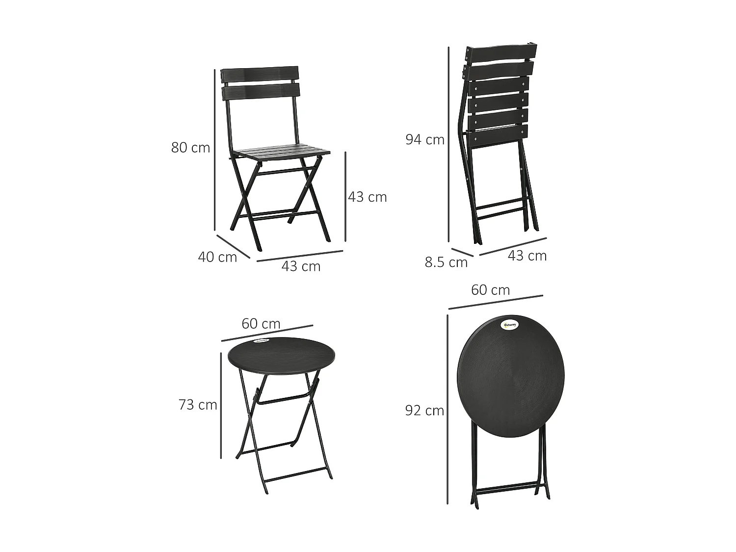 Set da giardino 3 pezzi con 2 sedie e tavolo pieghevoli