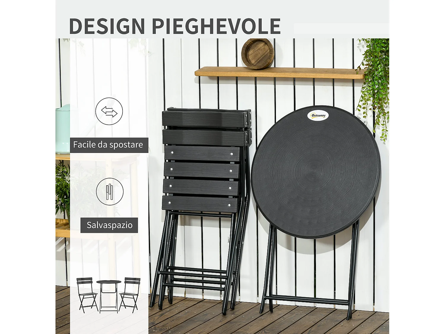 Set da giardino 3 pezzi con 2 sedie e tavolo pieghevoli