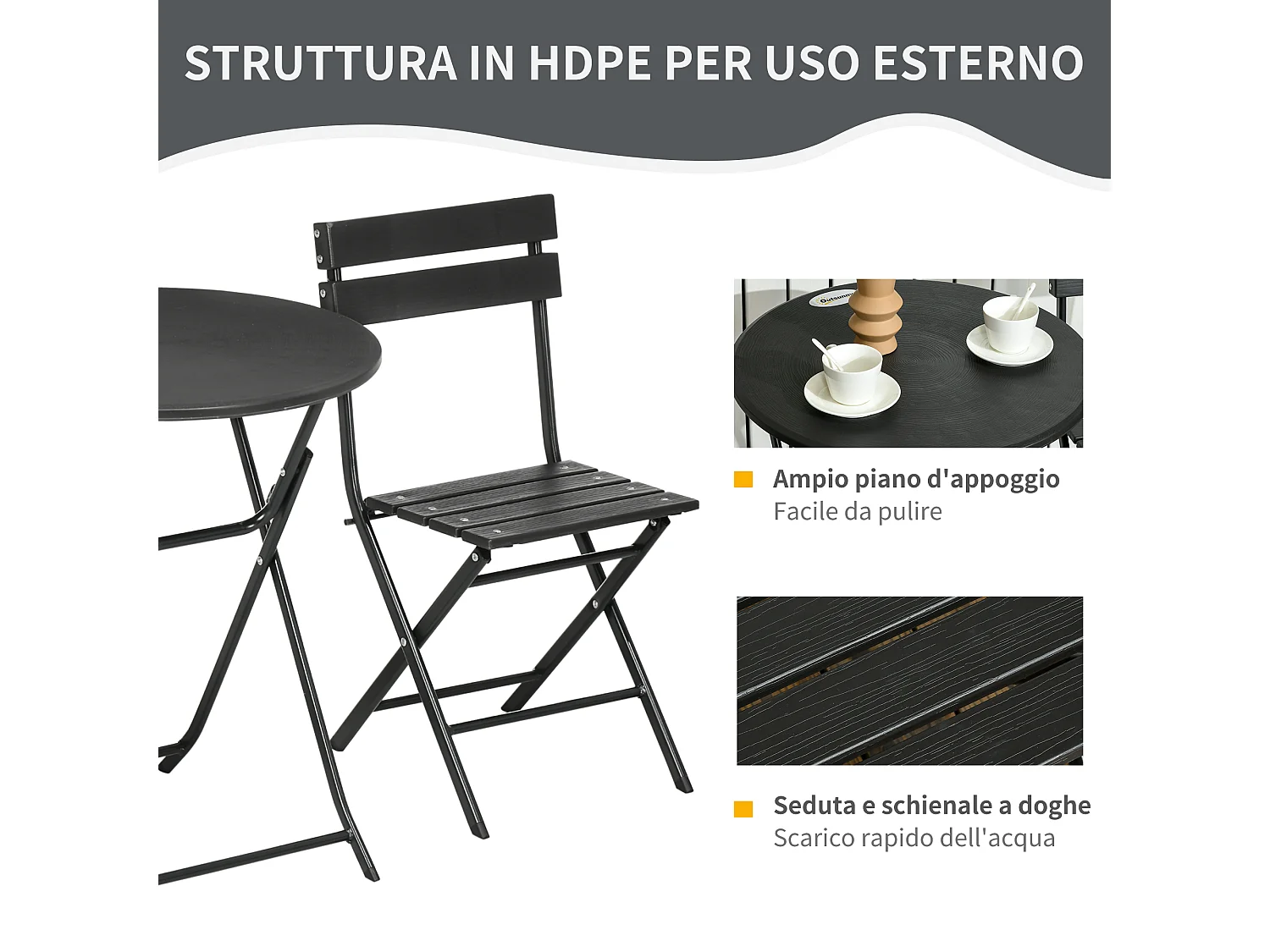 Set da giardino 3 pezzi con 2 sedie e tavolo pieghevoli