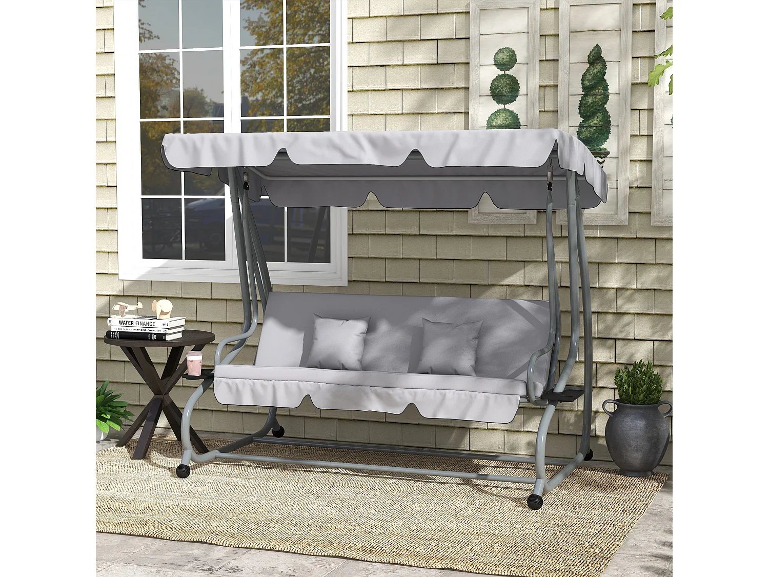 Dondolo letto da giardino con tettuccio regolabile e vassoi grigio