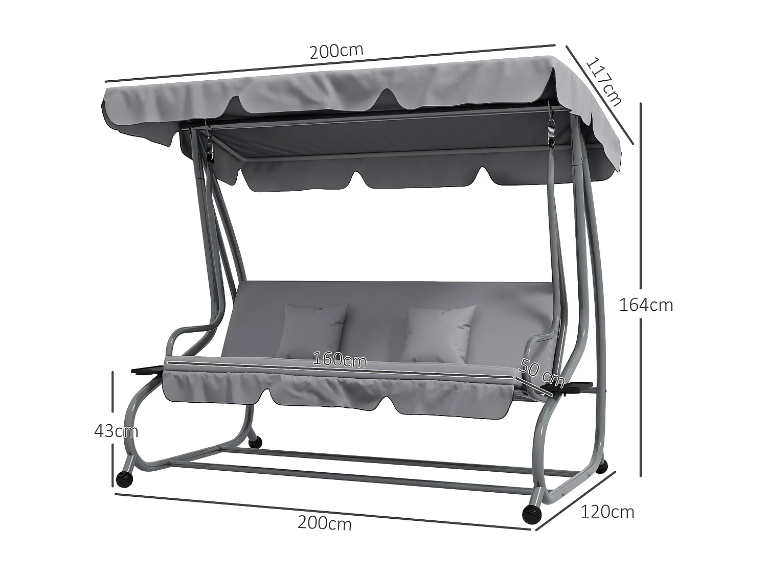 Dondolo letto da giardino con tettuccio regolabile e vassoi grigio