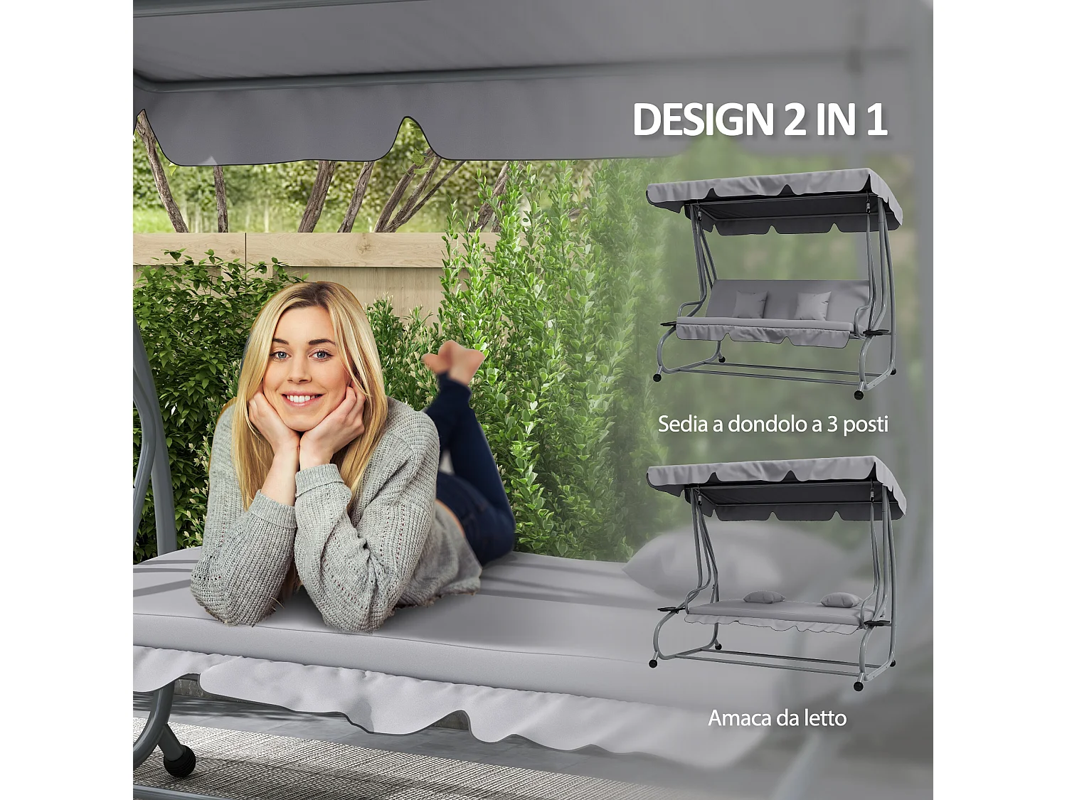 Dondolo letto da giardino con tettuccio regolabile e vassoi grigio