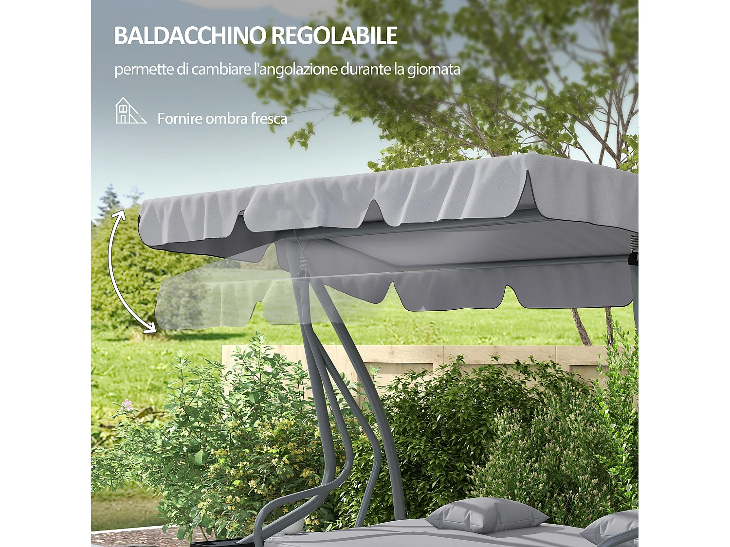 Dondolo letto da giardino con tettuccio regolabile e vassoi grigio