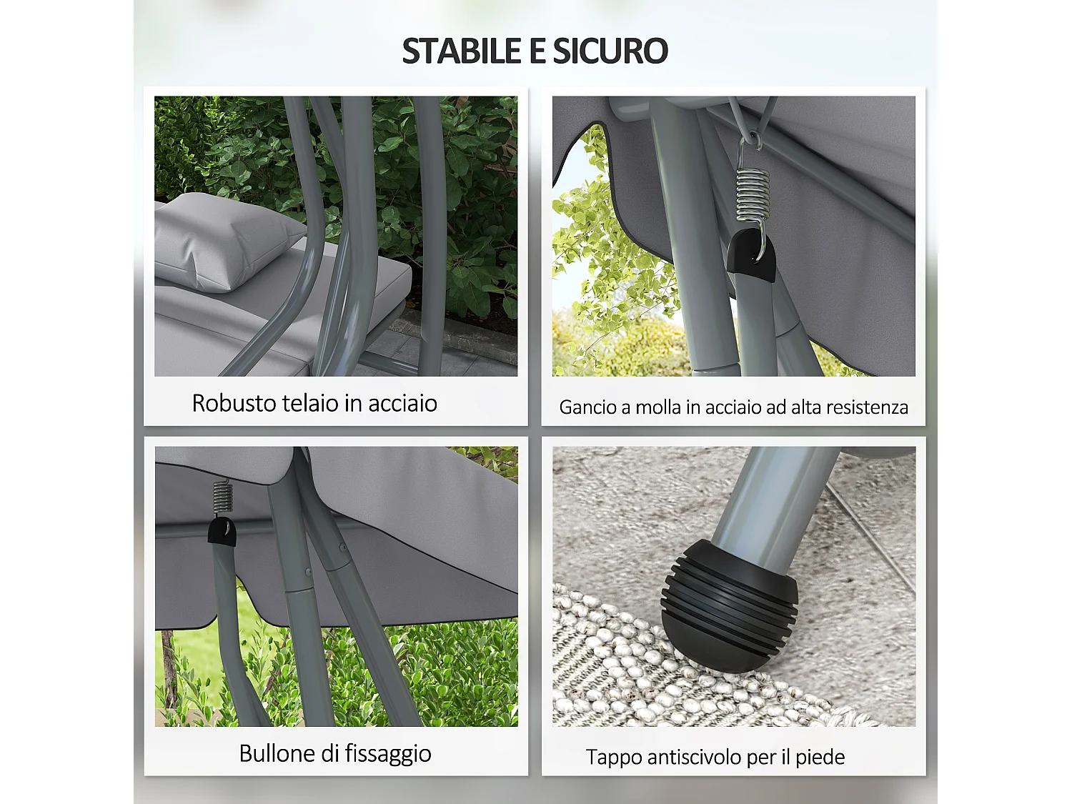 Dondolo letto da giardino con tettuccio regolabile e vassoi grigio