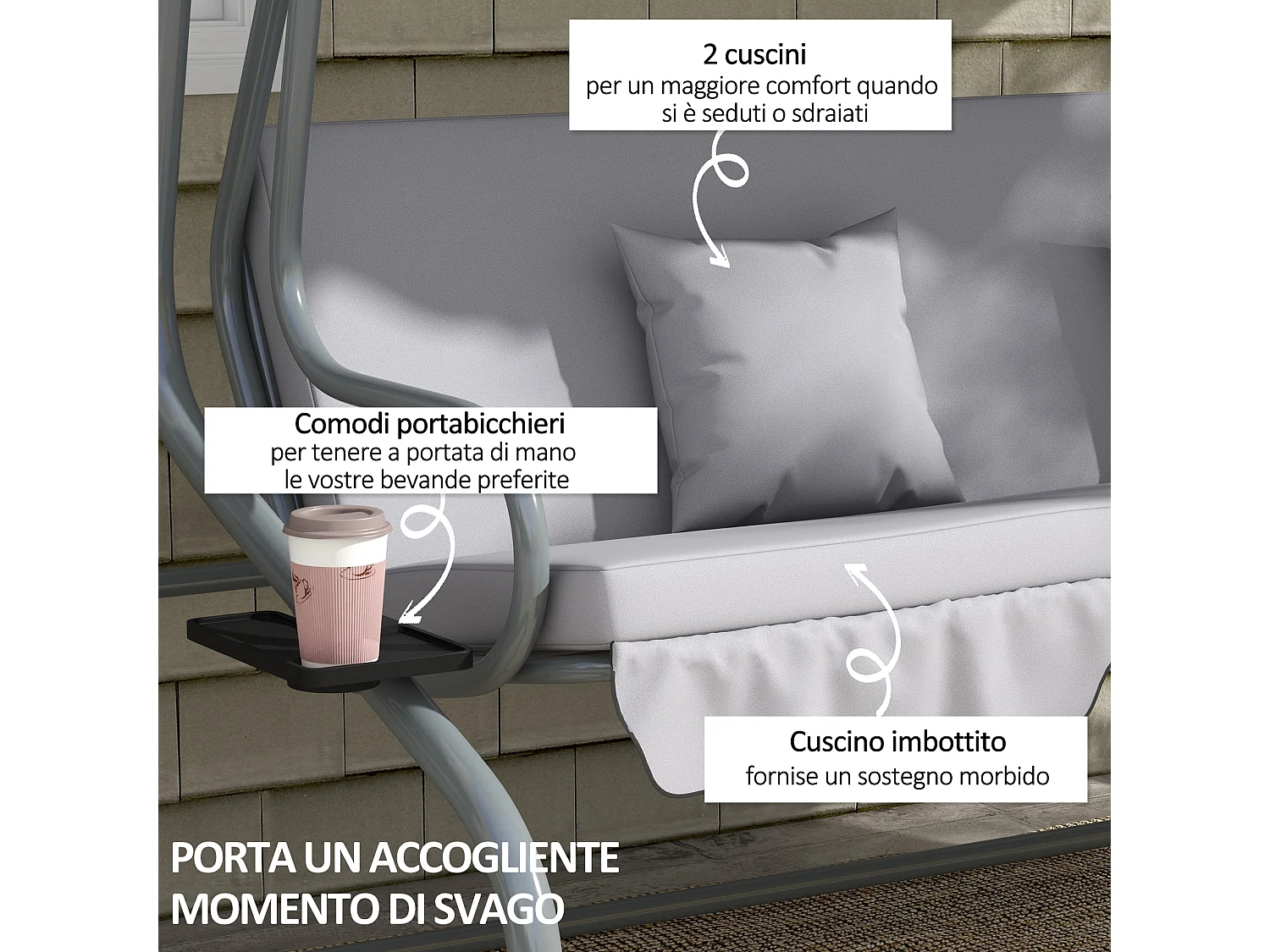 Dondolo letto da giardino con tettuccio regolabile e vassoi grigio