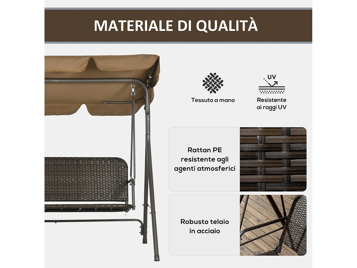 Dondolo da giardino 3 posti rattan pe e tettuccio regolabile