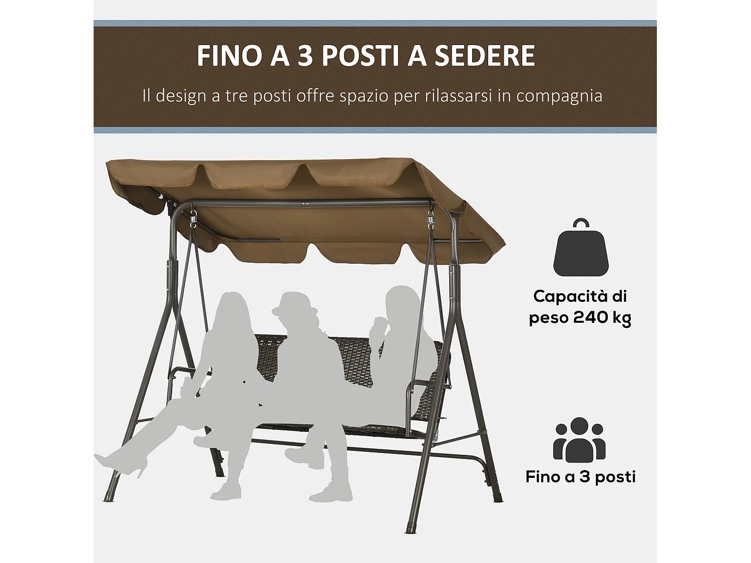 Dondolo da giardino 3 posti rattan pe e tettuccio regolabile