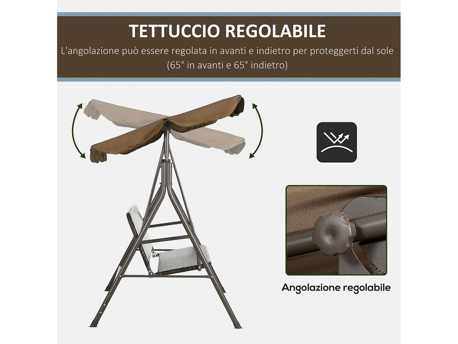 Dondolo da giardino 3 posti rattan pe e tettuccio regolabile