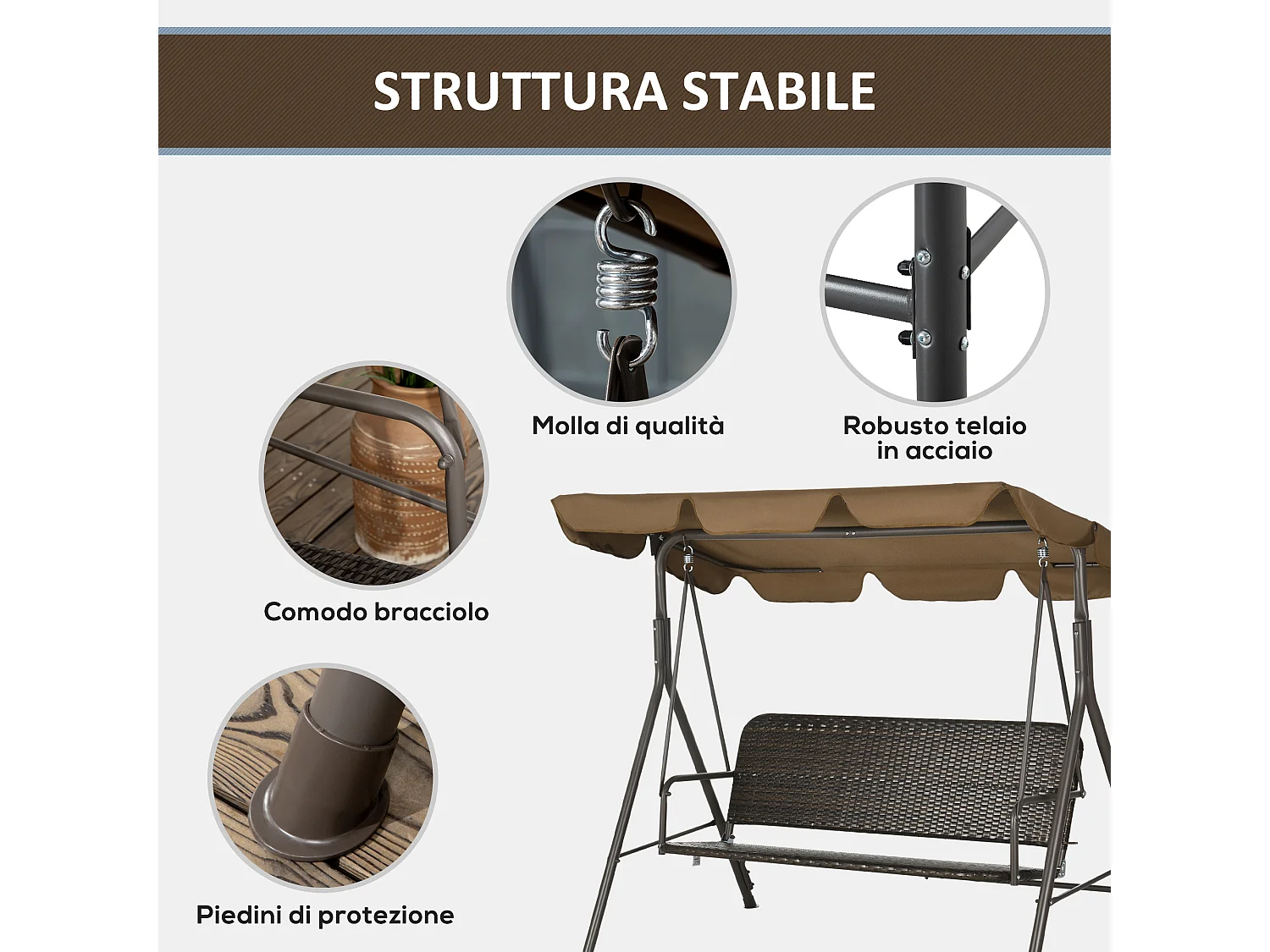 Dondolo da giardino 3 posti rattan pe e tettuccio regolabile