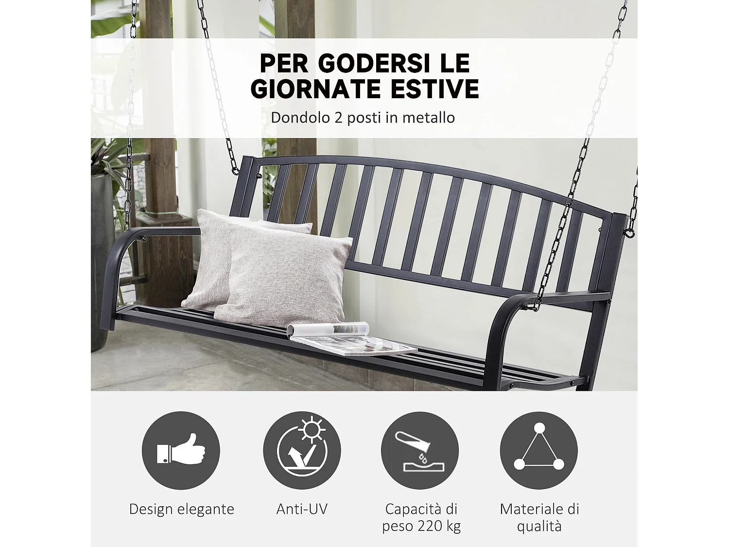 Dondolo sospeso da giardino con 2 posti in metallo 127x60x47 cm nero