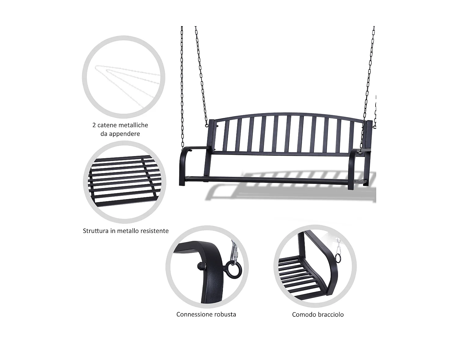 Dondolo sospeso da giardino con 2 posti in metallo 127x60x47 cm nero