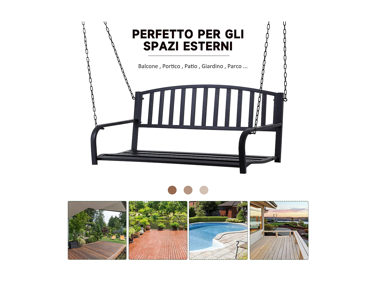 Dondolo sospeso da giardino con 2 posti in metallo 127x60x47 cm nero
