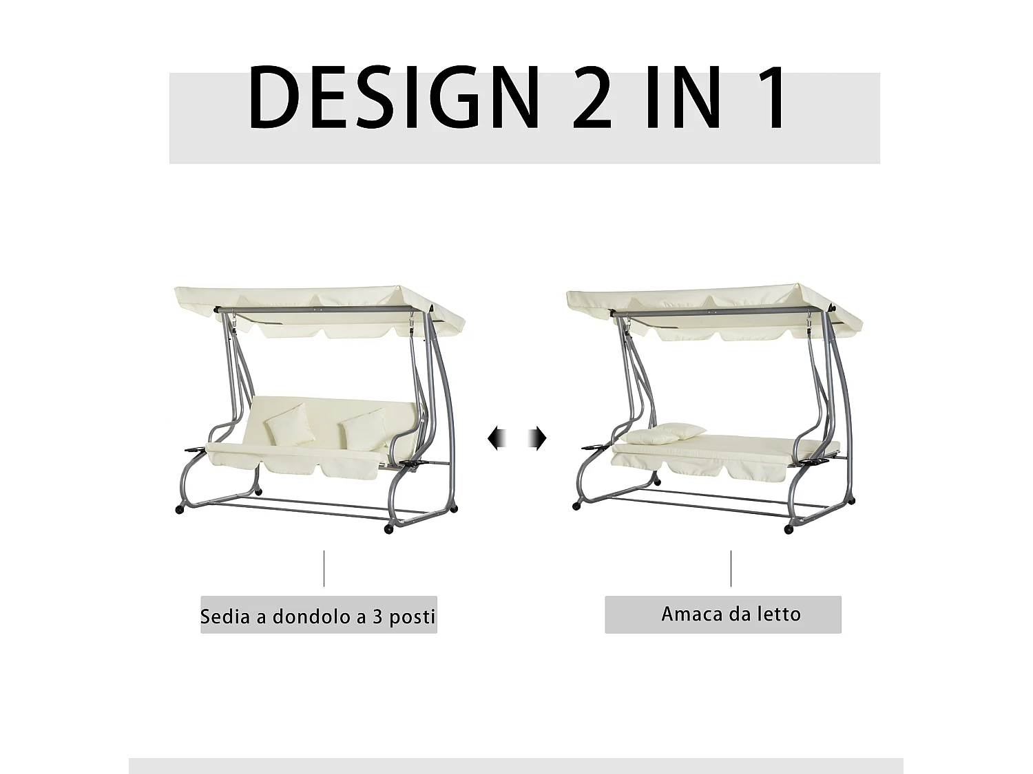 Dondolo letto 3 posti con tetto regolabile e portabicchieri crema