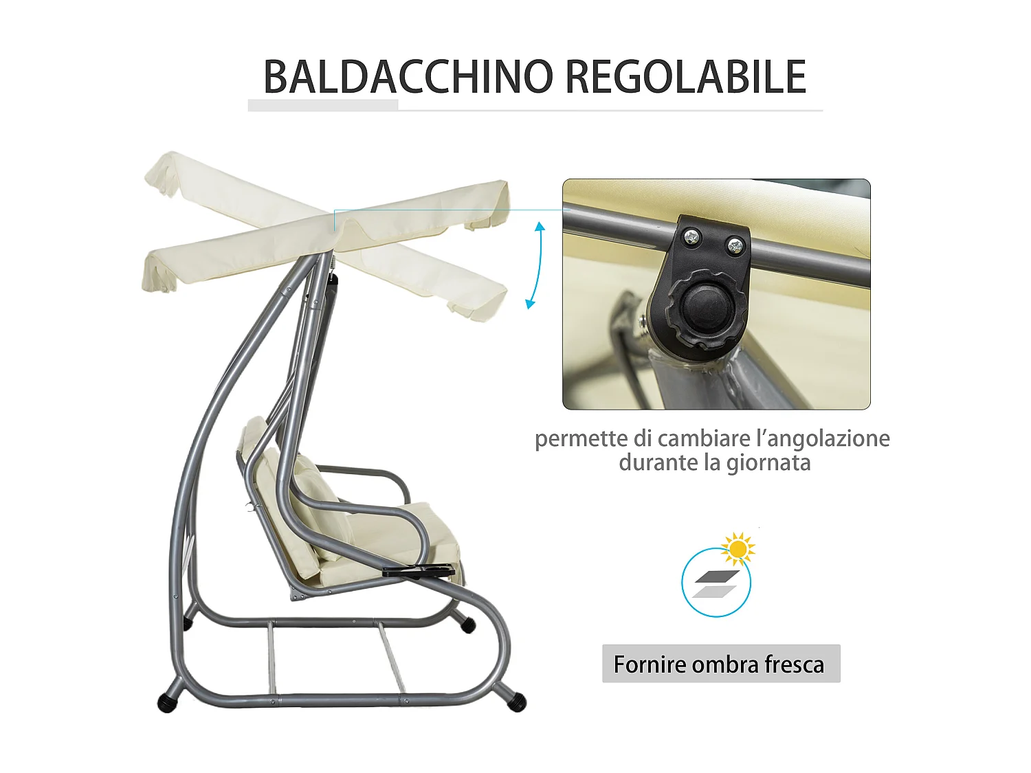 Dondolo letto 3 posti con tetto regolabile e portabicchieri crema