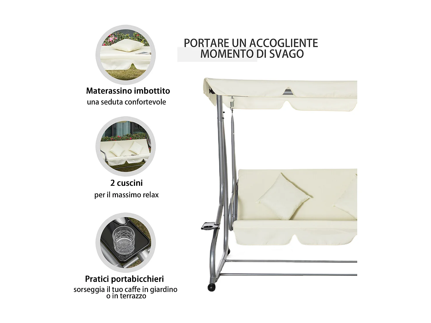 Dondolo letto 3 posti con tetto regolabile e portabicchieri crema