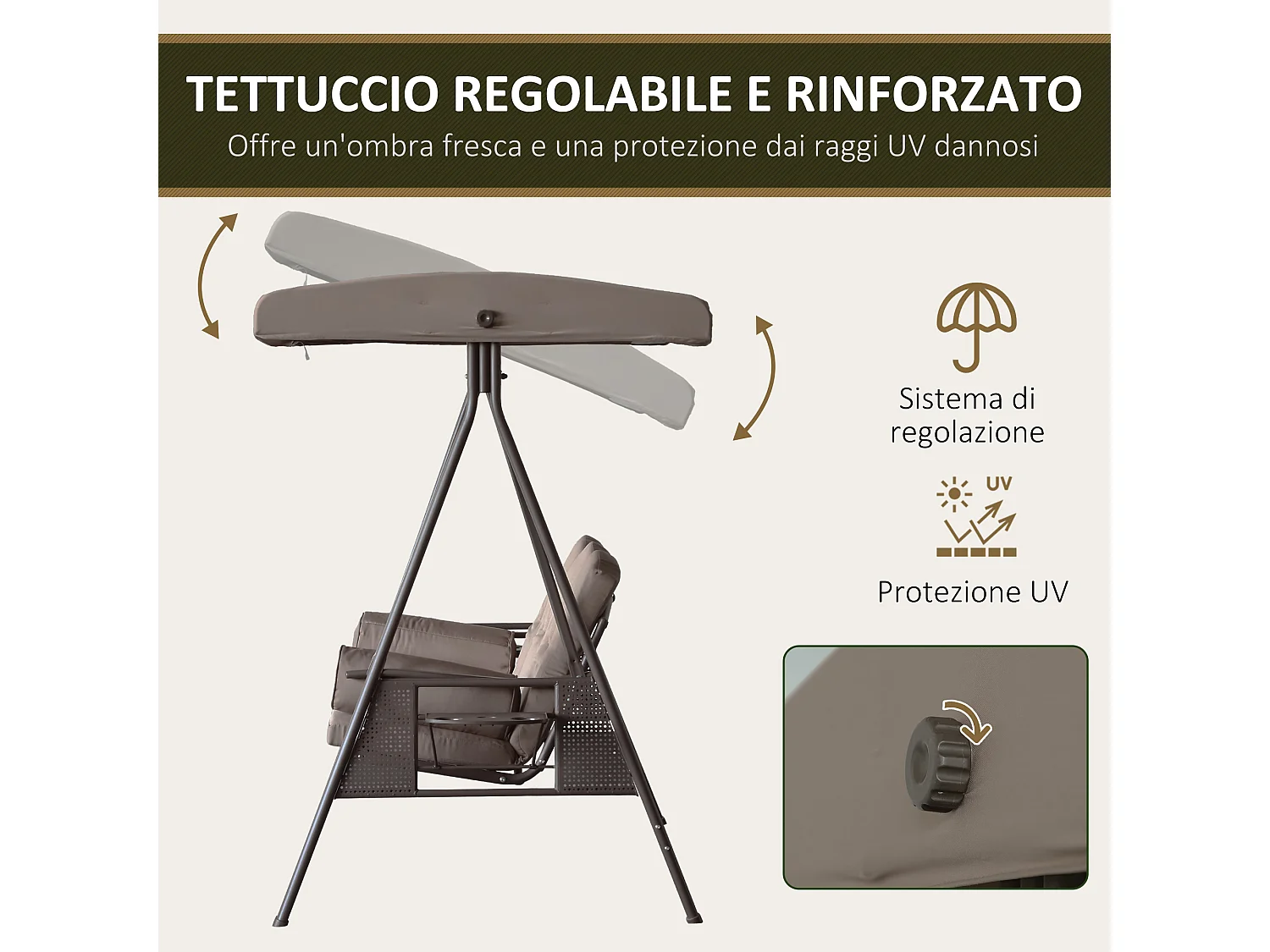 Dondolo da giardino 3 posti con tetto regolabile marrone