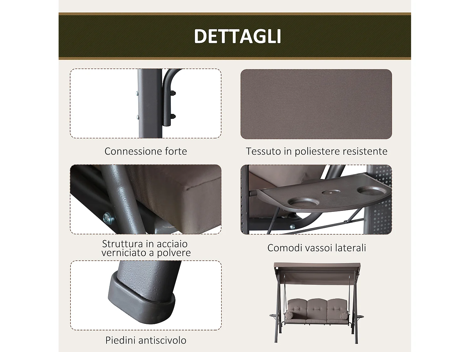 Dondolo da giardino 3 posti con tetto regolabile marrone