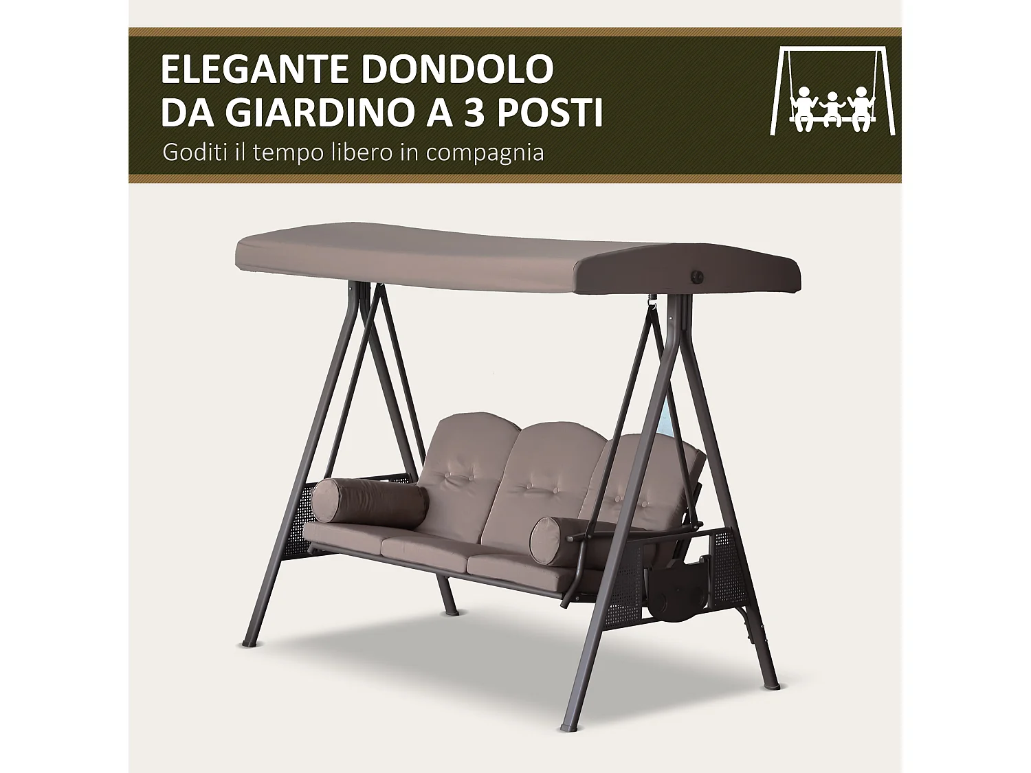 Dondolo da giardino 3 posti con tetto regolabile marrone