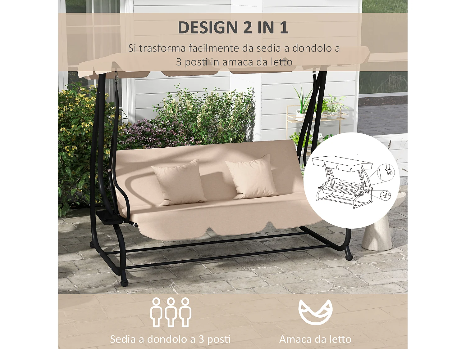 Dondolo letto da giardino 3 posti con tetto regolabile marrone chiaro