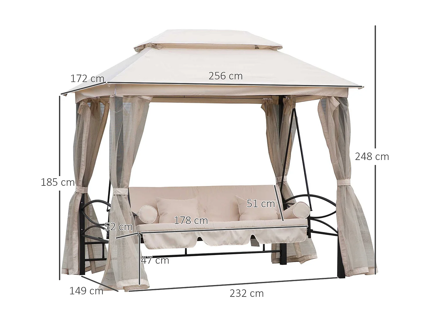 Dondolo 3 Posti e Lettino Singolo Copertura a Gazebo con Zanzariera e Cuscini