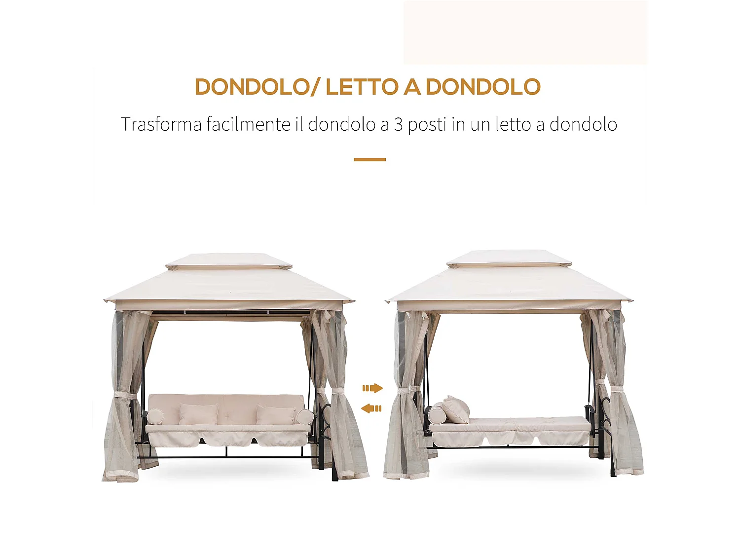 Dondolo 3 Posti e Lettino Singolo Copertura a Gazebo con Zanzariera e Cuscini
