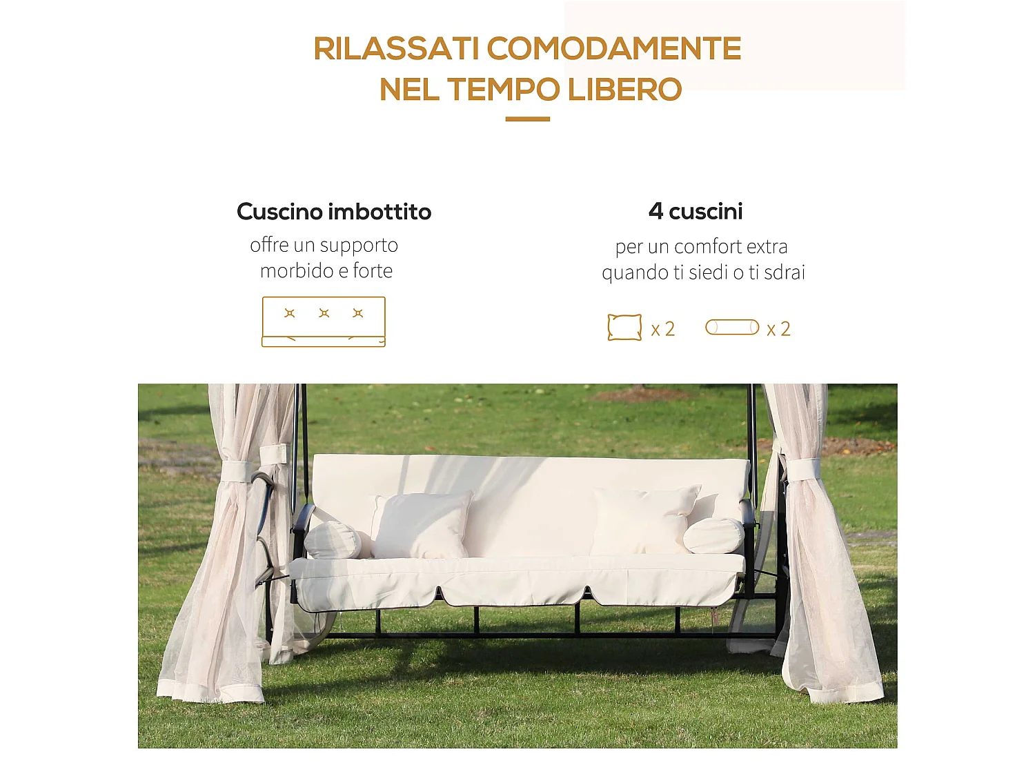 Dondolo 3 Posti e Lettino Singolo Copertura a Gazebo con Zanzariera e Cuscini