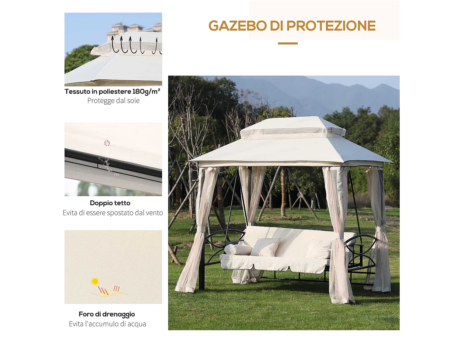 Dondolo 3 Posti e Lettino Singolo Copertura a Gazebo con Zanzariera e Cuscini
