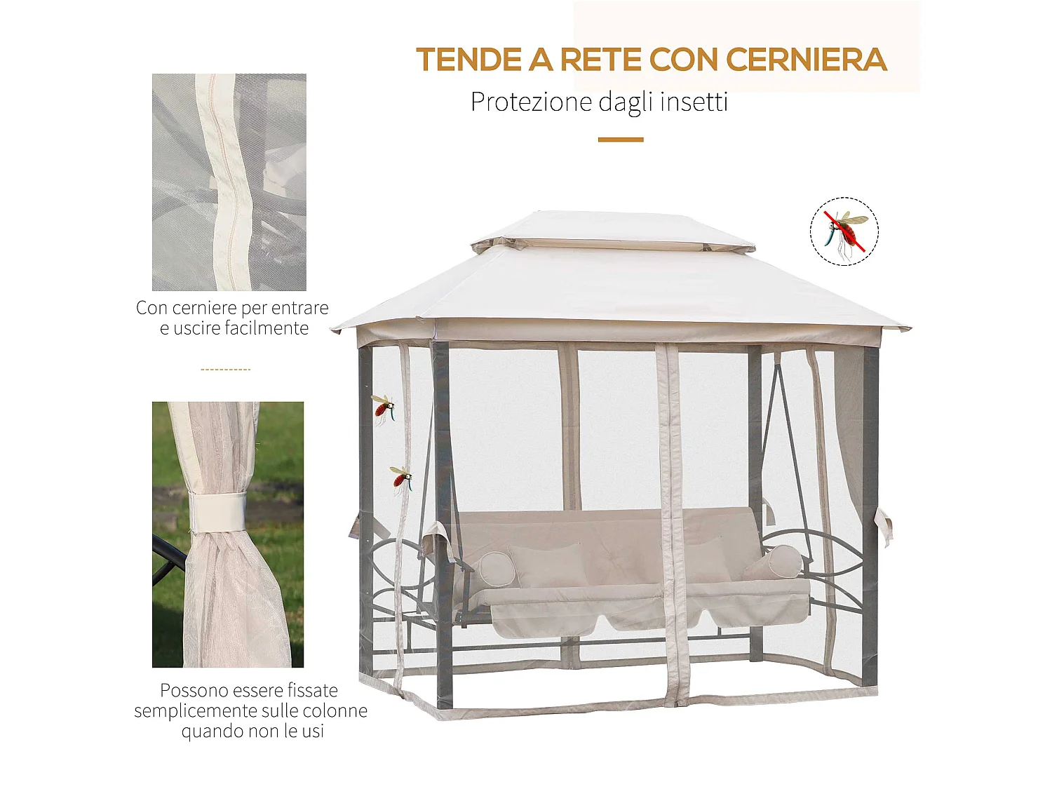 Dondolo 3 Posti e Lettino Singolo Copertura a Gazebo con Zanzariera e Cuscini