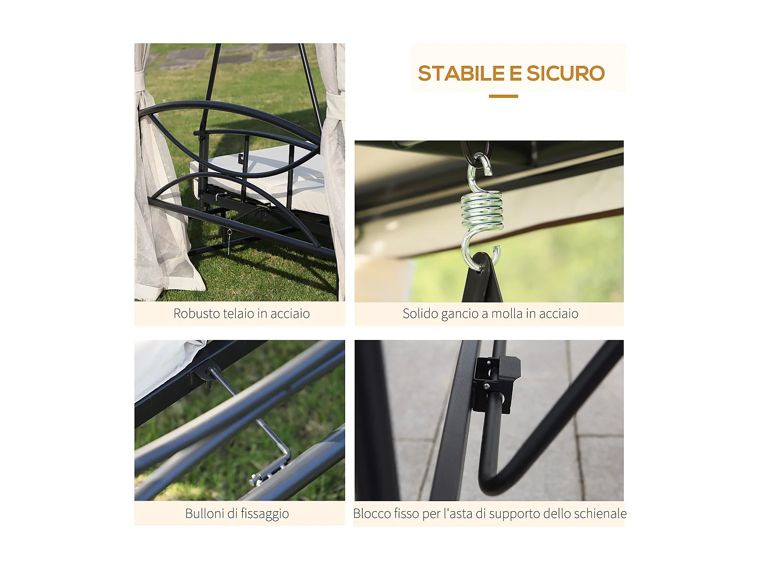 Dondolo 3 Posti e Lettino Singolo Copertura a Gazebo con Zanzariera e Cuscini