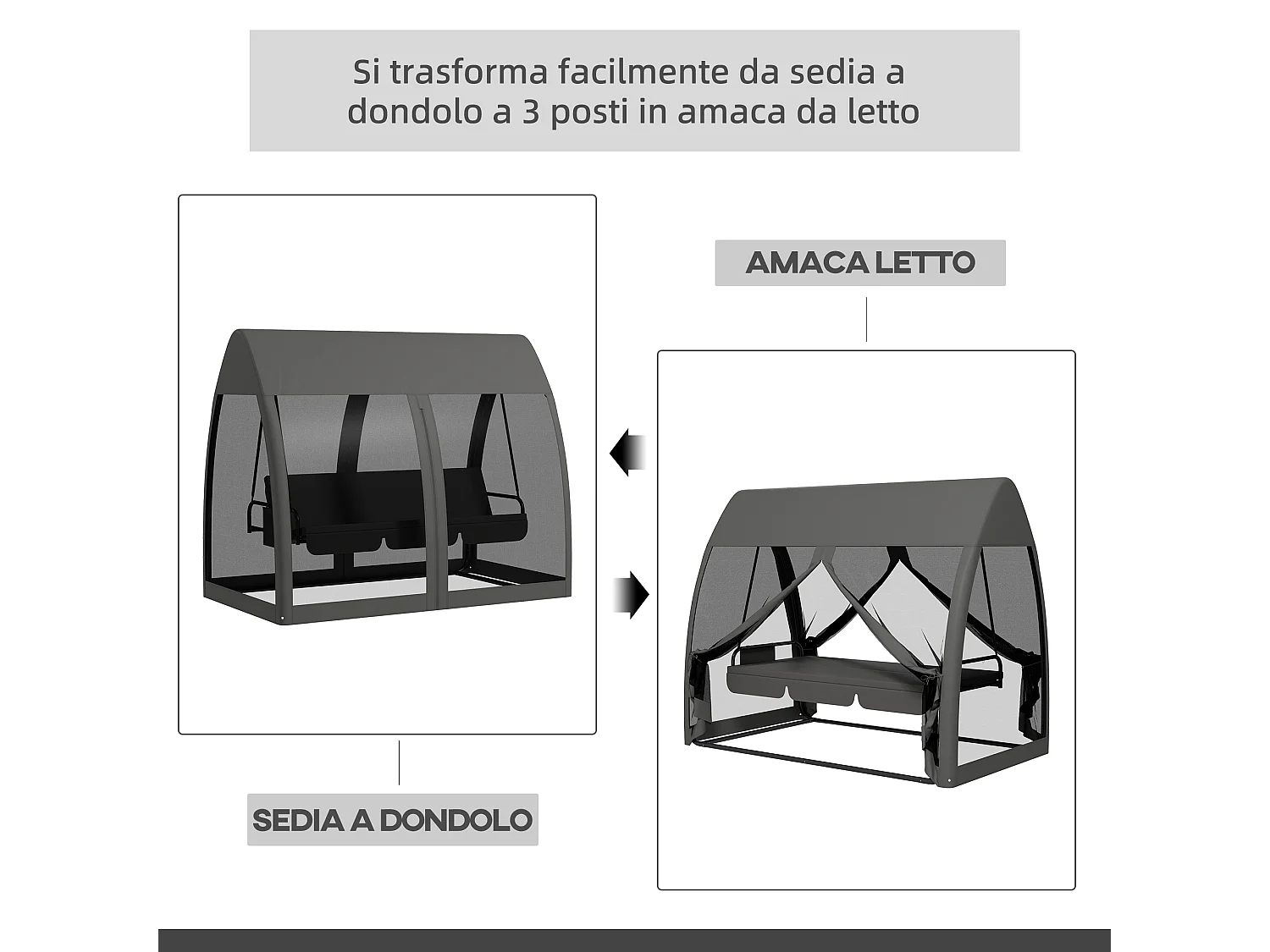 Dondolo da giardino 3 posti convertibile in letto con zanzariera
