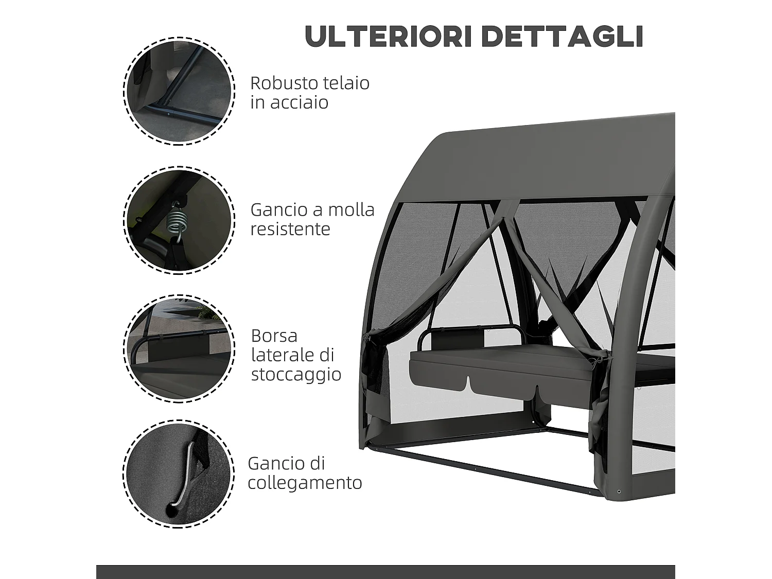 Dondolo da giardino 3 posti convertibile in letto con zanzariera