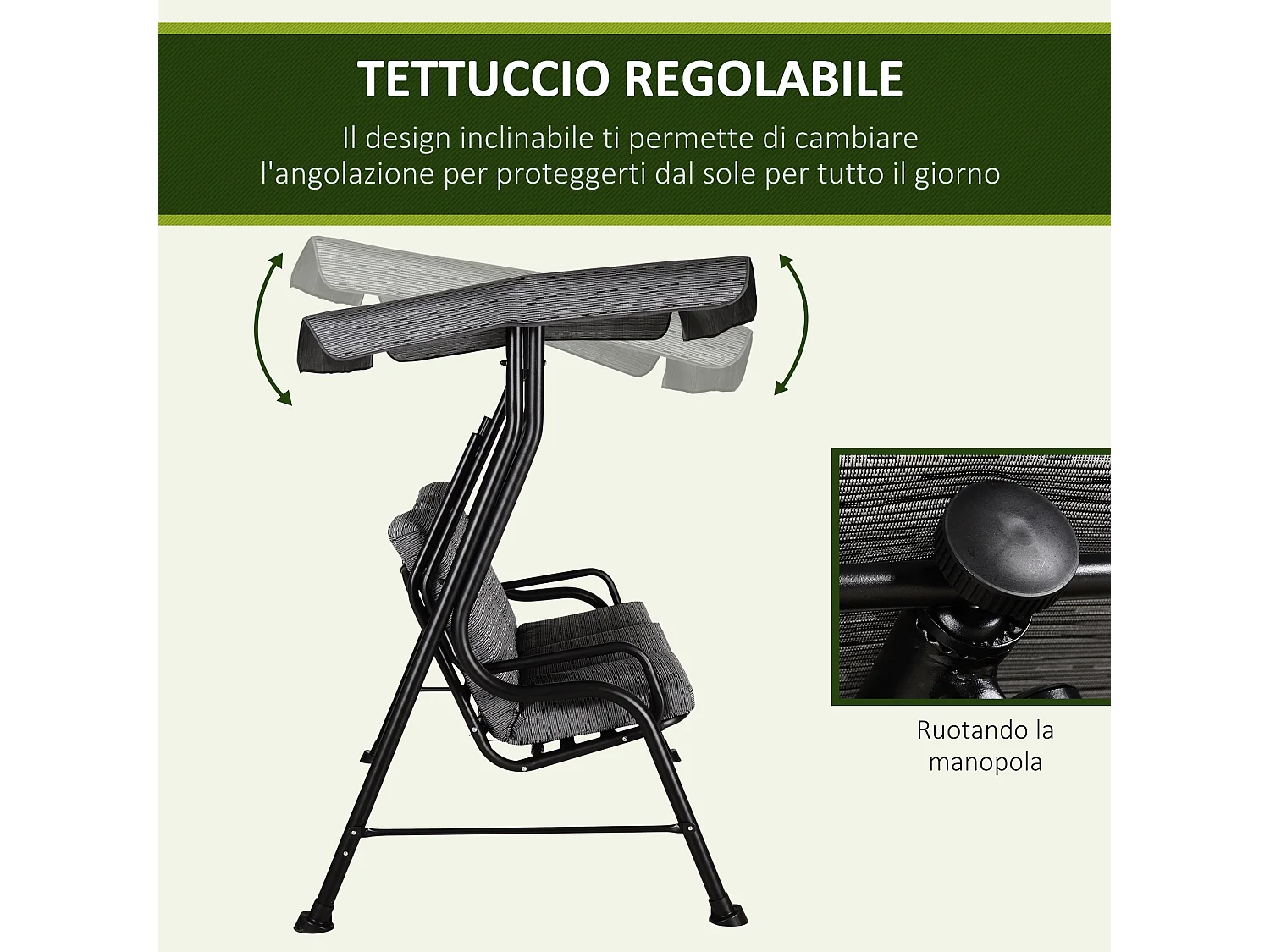 Dondolo da giardino 3 persone tettuccio regolabile cuscini