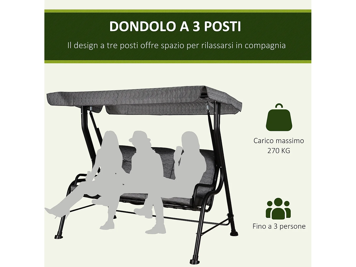 Dondolo da giardino 3 persone tettuccio regolabile cuscini