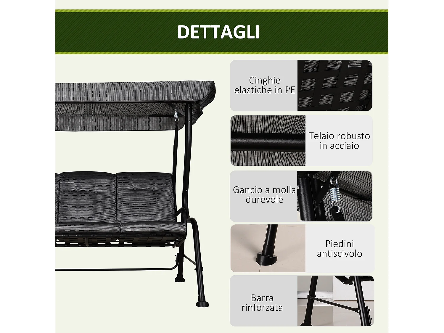 Dondolo da giardino 3 persone tettuccio regolabile cuscini