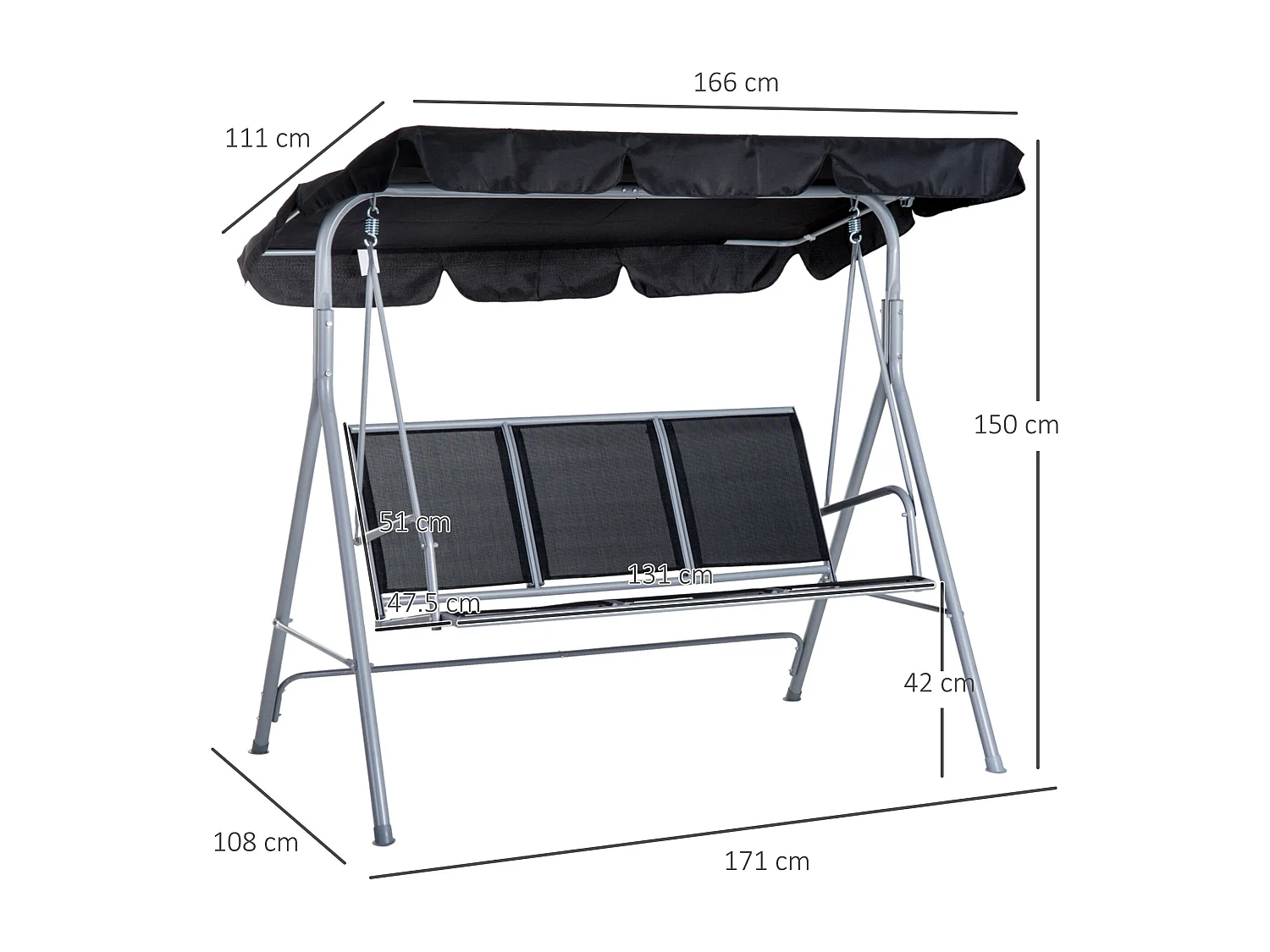 Dondolo da Giardino 3 Posti con Tettuccio Parasole Regolabile Rimovibile