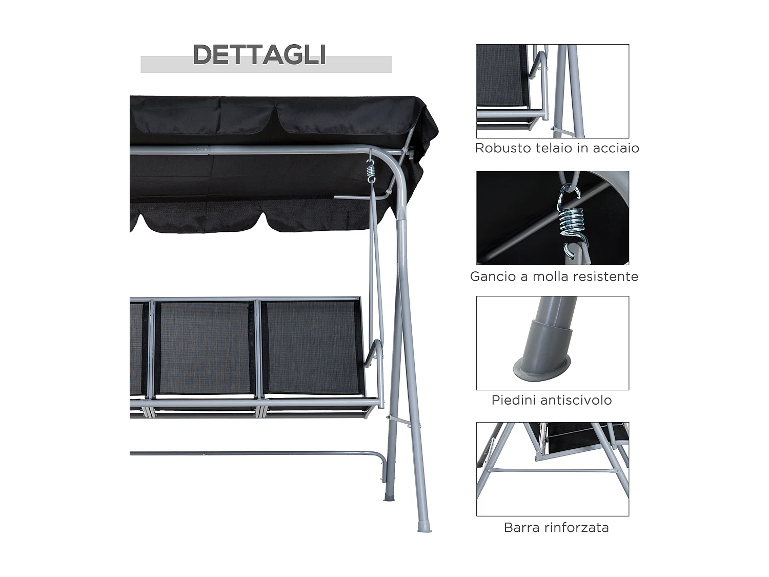 Dondolo da Giardino 3 Posti con Tettuccio Parasole Regolabile Rimovibile
