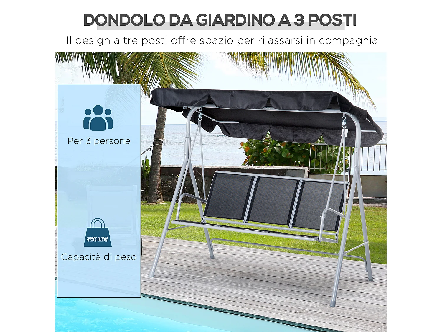 Dondolo da Giardino 3 Posti con Tettuccio Parasole Regolabile Rimovibile
