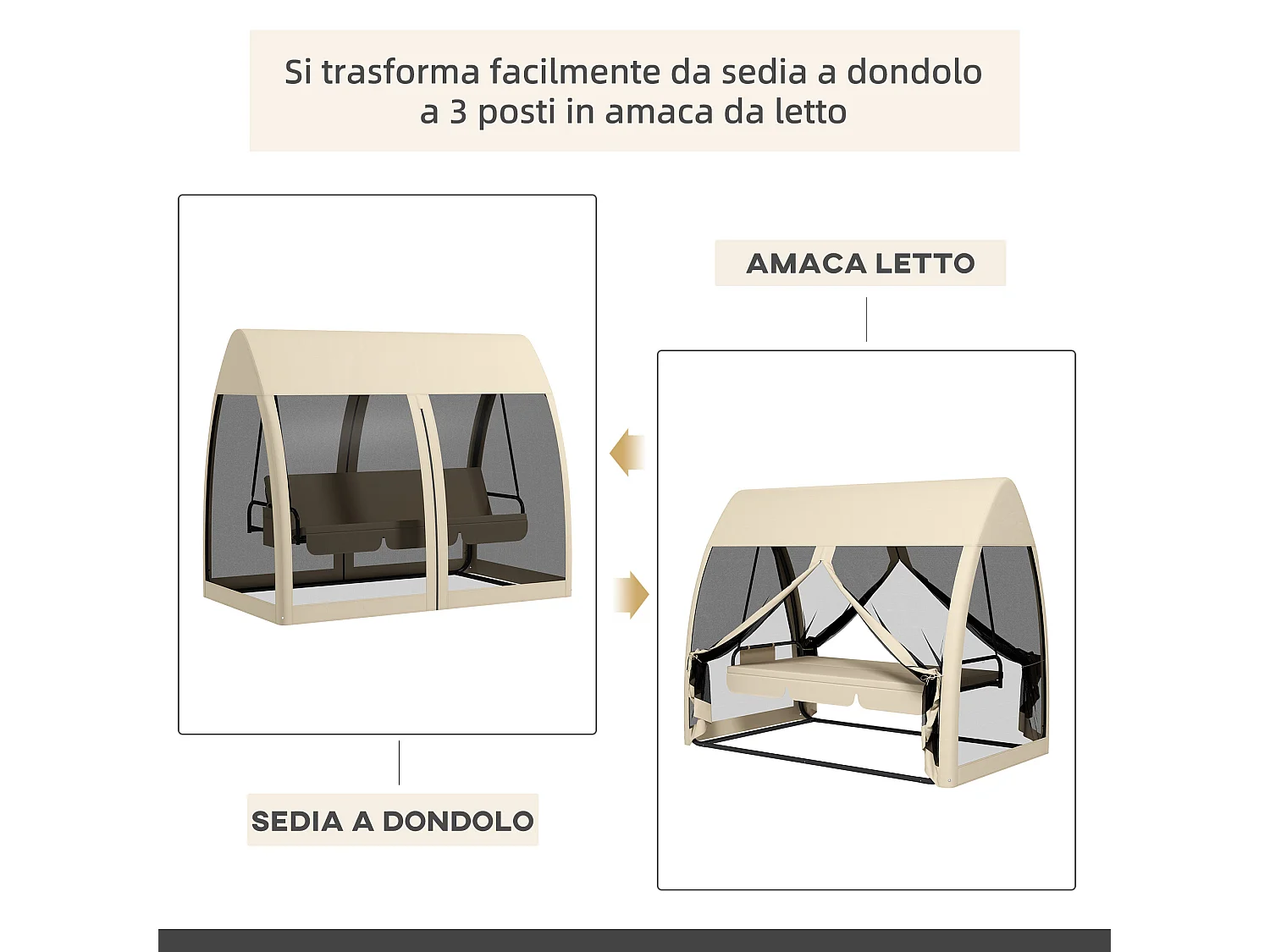 Dondolo da giardino 3 posti convertibile in letto con zanzariera caffè