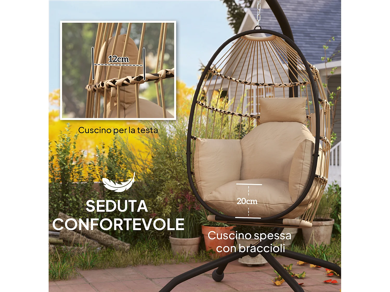 Poltrona sospesa a uovo con gancio regolabile e 2 cuscini cachi