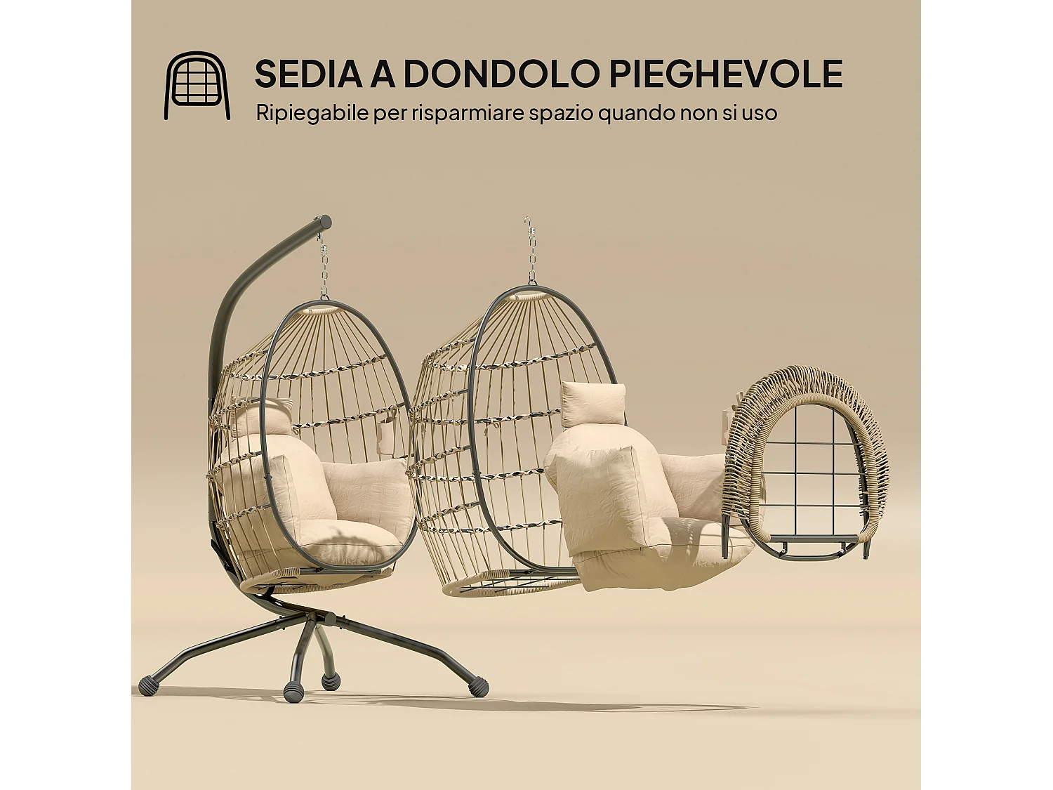 Poltrona sospesa a uovo con gancio regolabile e 2 cuscini cachi
