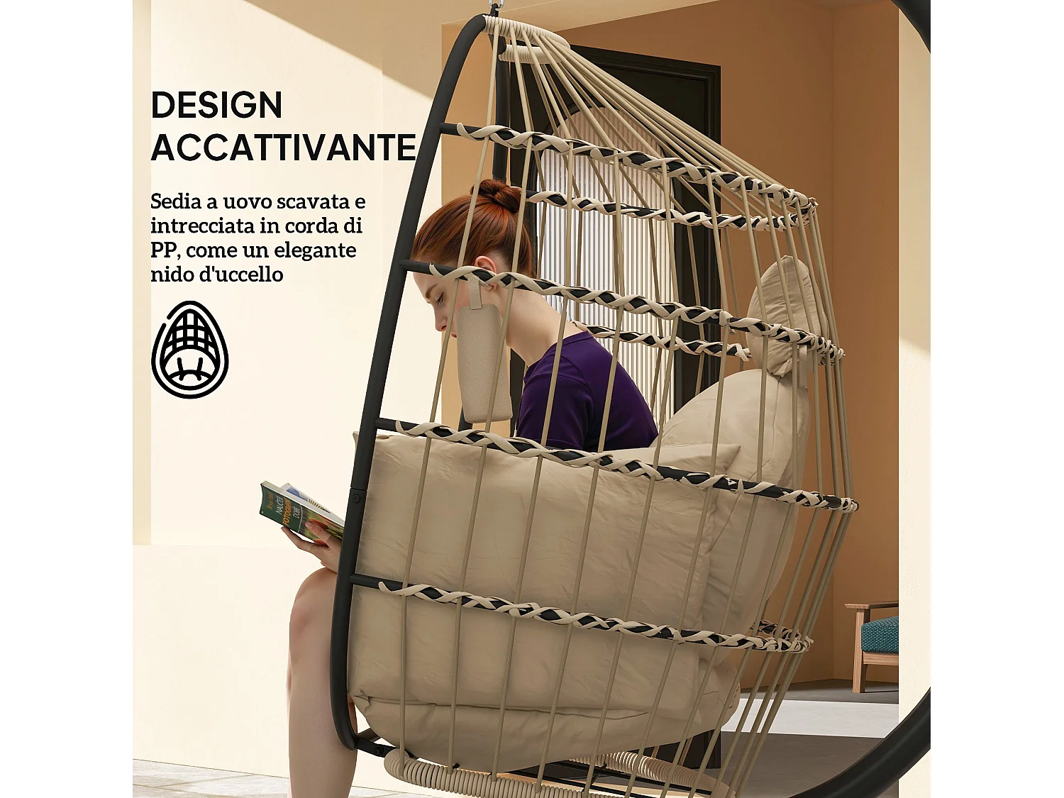 Poltrona sospesa a uovo con gancio regolabile e 2 cuscini cachi