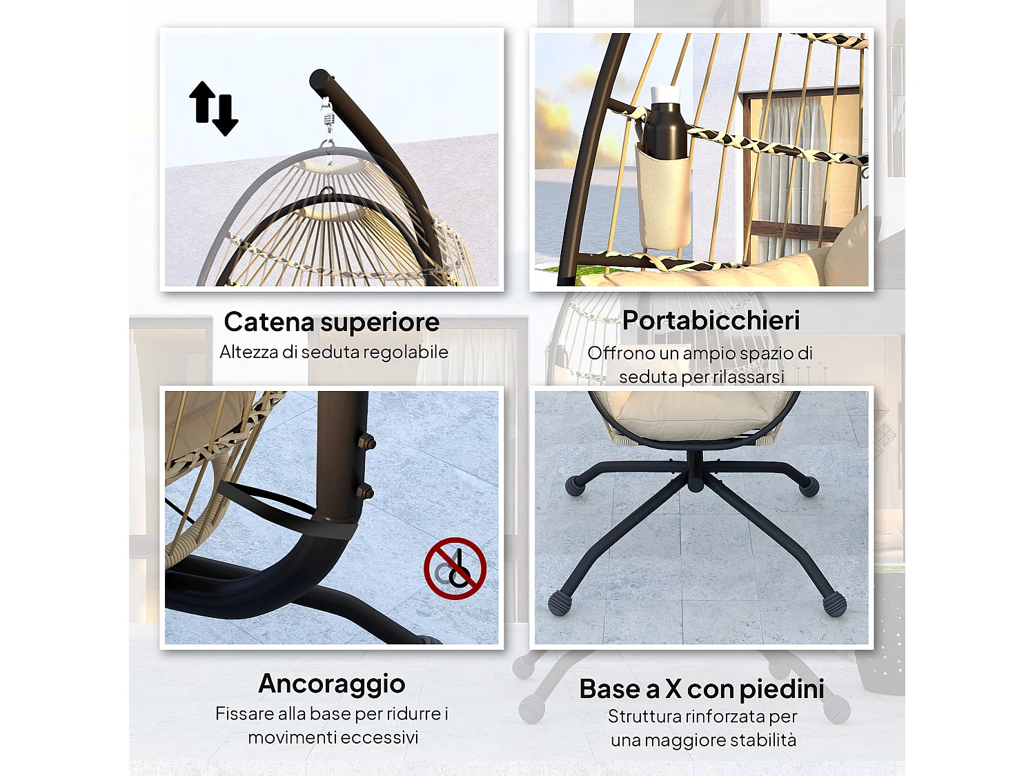 Poltrona sospesa a uovo con gancio regolabile e 2 cuscini cachi