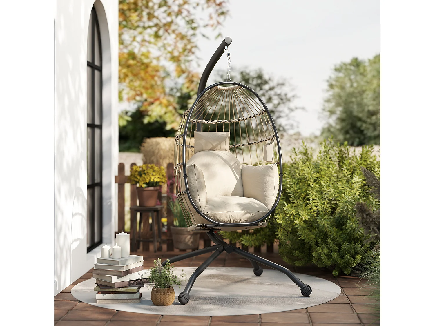 Poltrona sospesa a uovo con gancio regolabile e 2 cuscini cachi