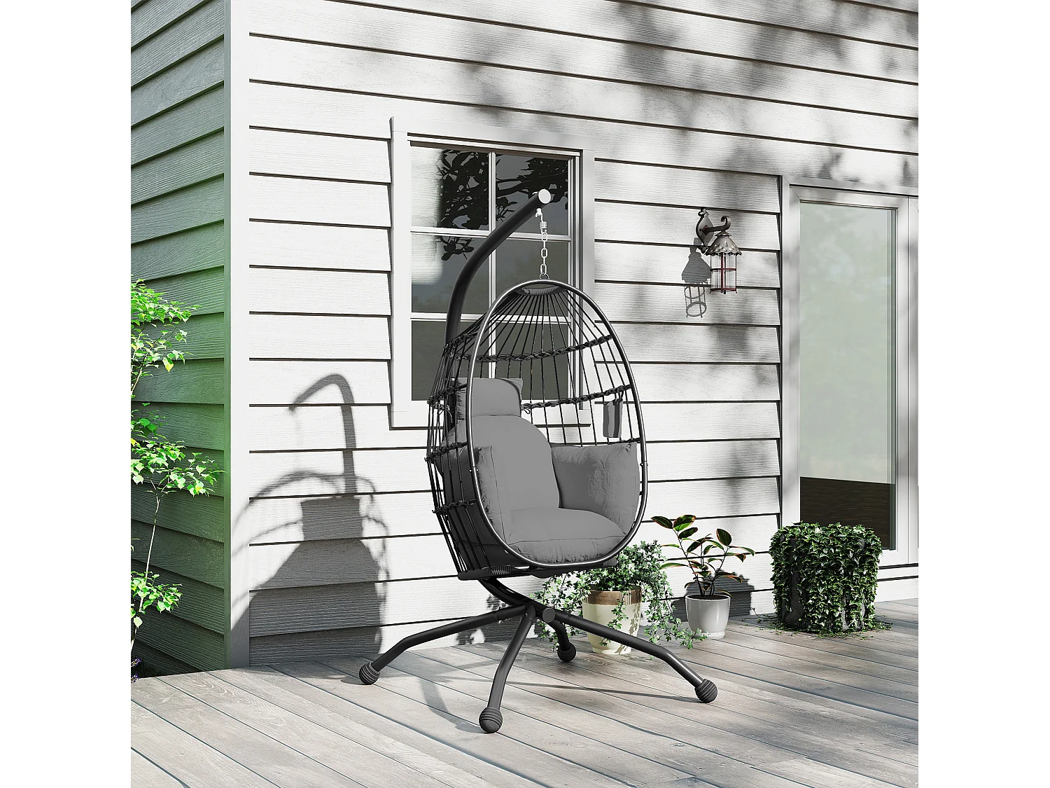 Poltrona sospesa a uovo con gancio regolabile e 2 cuscini nero grigio